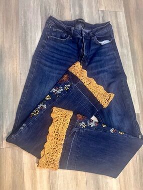 Ashley Mason Dark Blue Jeans with Mustard Crochet Trim